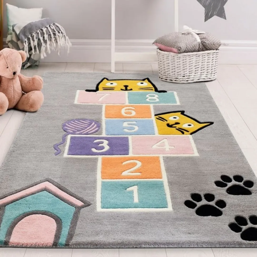 Kids’ hopscotch rug with cat and paw print design – Paw Hop Playground wool area rug