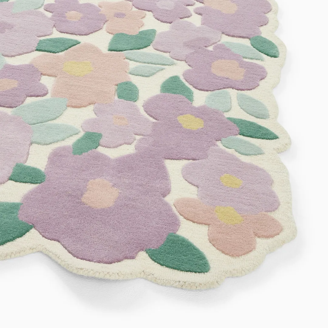 Petal Parade Kids Rug Floral wool rug with lavender and peach blossoms – Petal Parade hand-tufted design by Sneagear