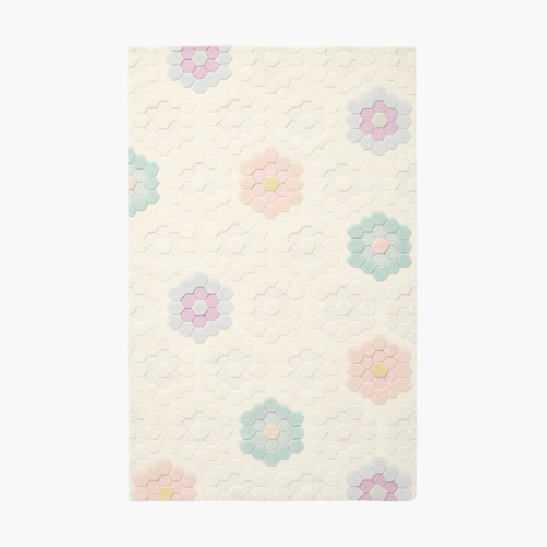 Pollen Prism Rug featuring hand-tufted pastel floral hexagon patterns on a cream base – handmade wool rug by Sneagear