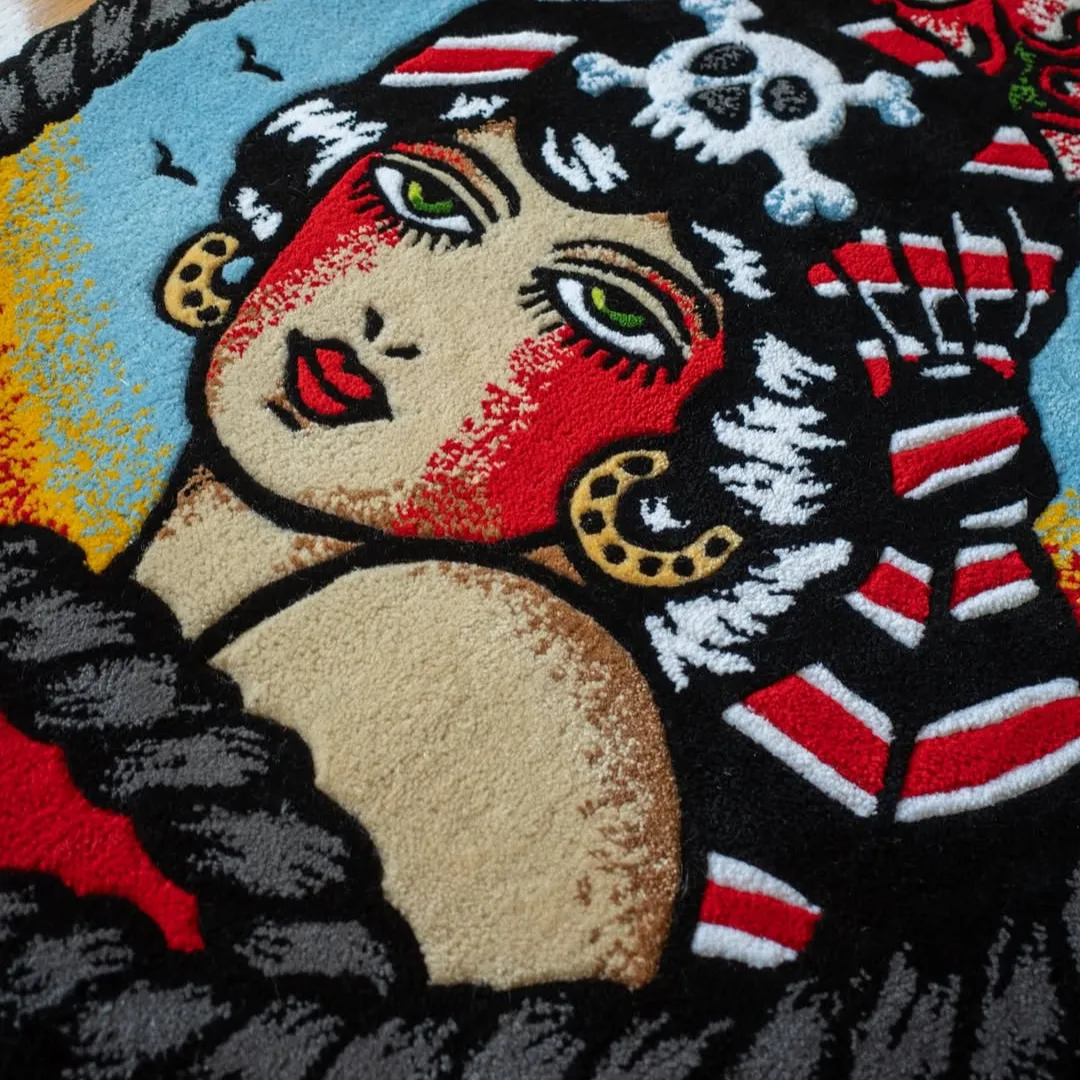 Handmade wool rug inspired by vintage sailor tattoo art – Rebel Tide Rug by Sneagear