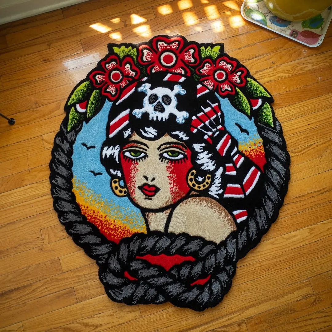Rebel Tide Rug featuring traditional tattoo-style pirate woman design – hand-tufted wool rug by Sneagear
