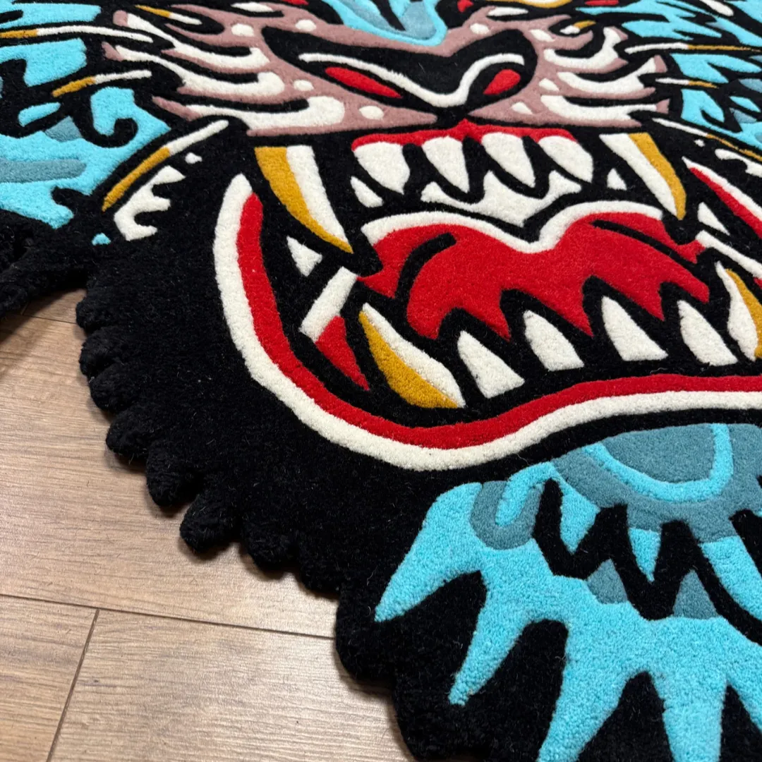 Blue tiger head rug with bold tattoo art and vibrant red, black, and gold details – Rebellion Rug