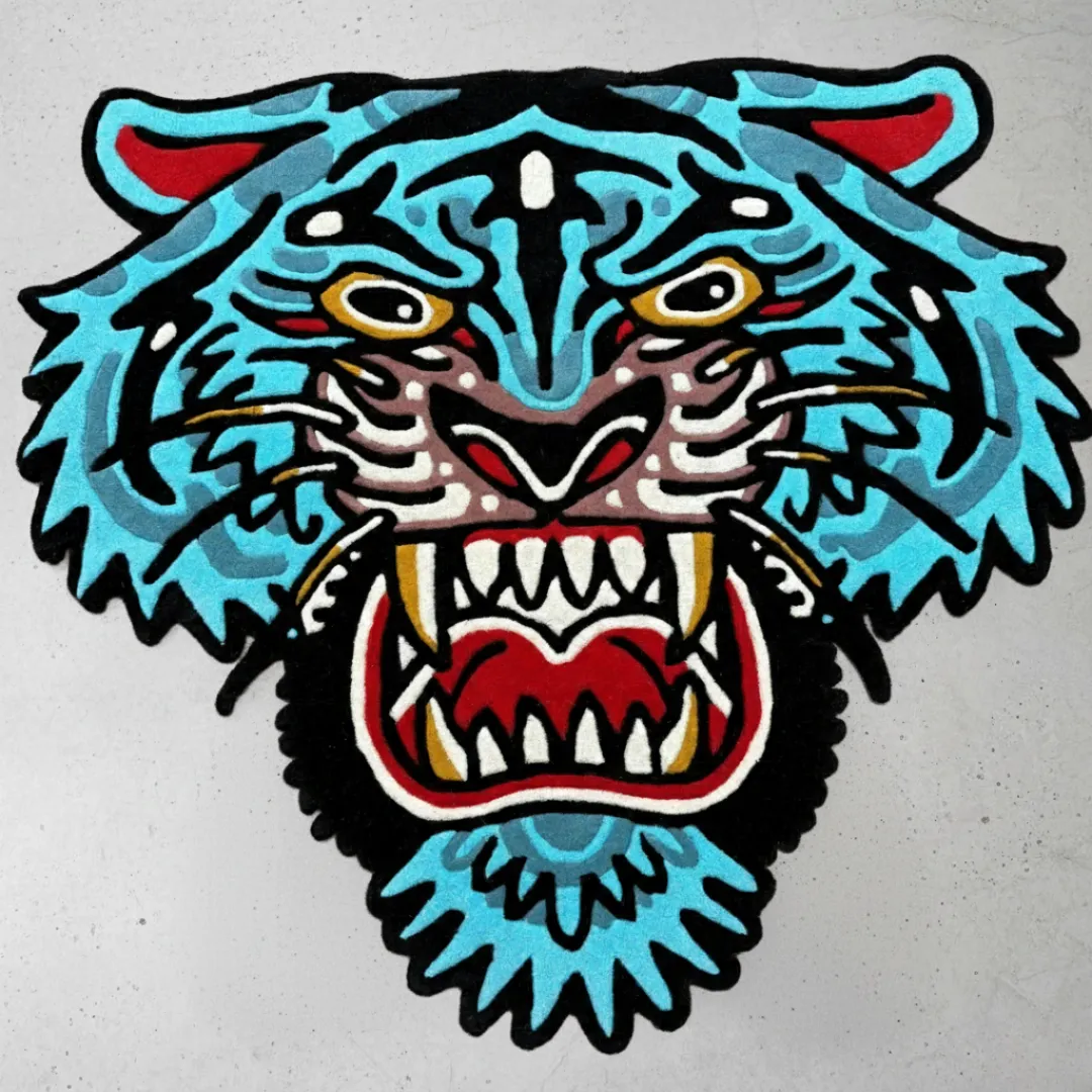 Rebellion Blue Rug featuring fierce tiger tattoo design – hand-tufted wool rug by Sneagear