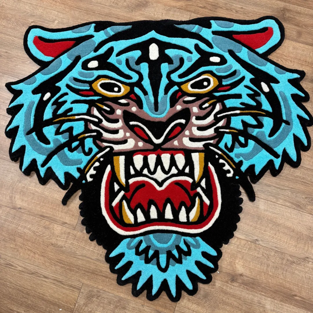 Tattoo-inspired tiger face rug with striking blue and red tones – Rebellion Blue Inked Rug