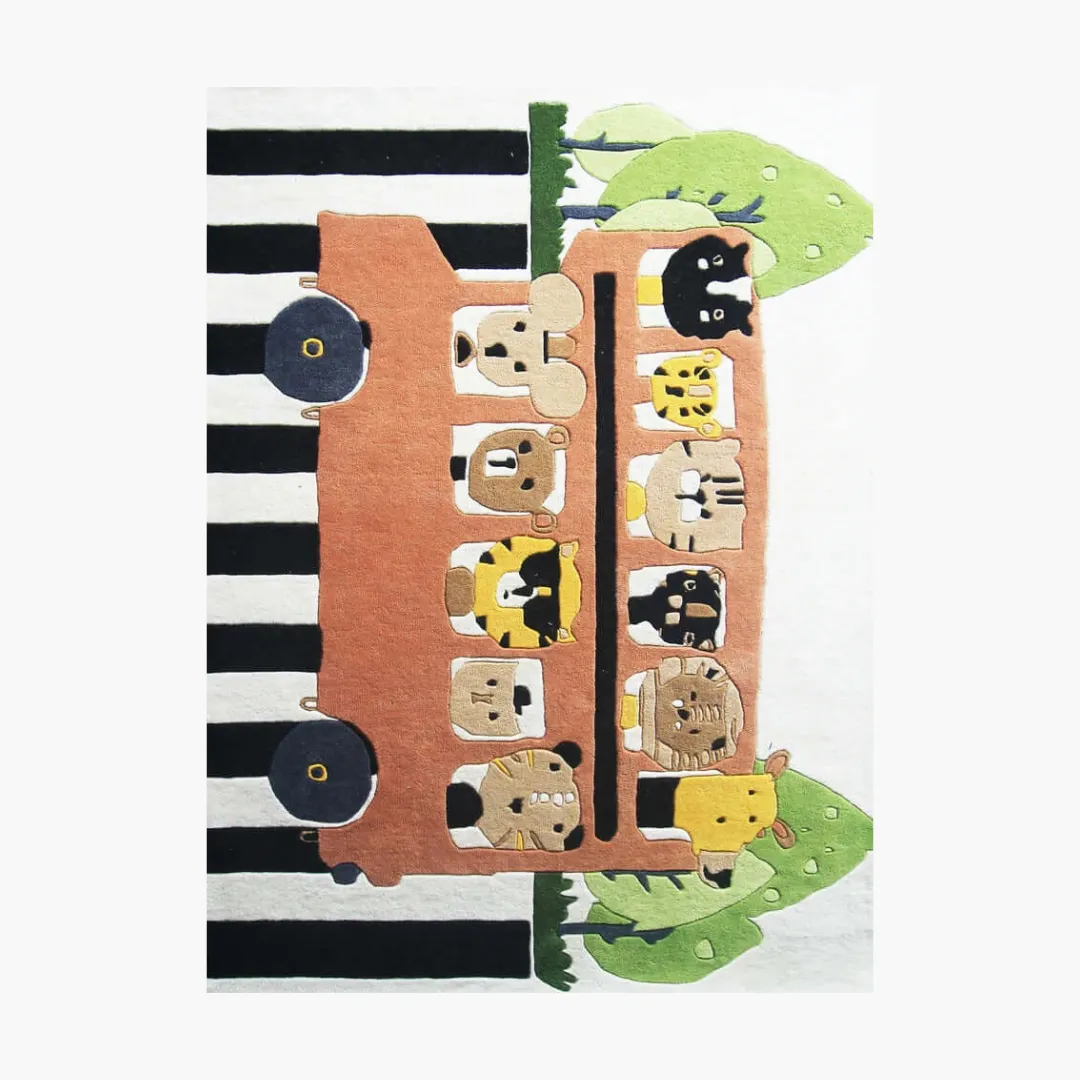 Safari Ride Rug featuring playful animal characters on a safari bus – hand-tufted wool rug by Sneagear