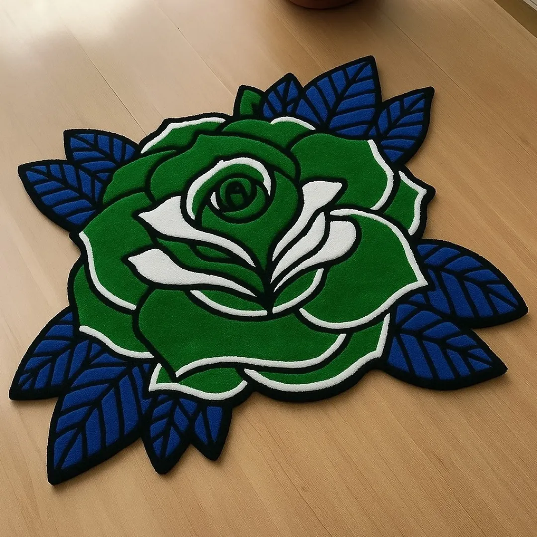 Handmade Sage Thorne Rug with green rose petals and white highlights – artistic wool rug for modern interiors