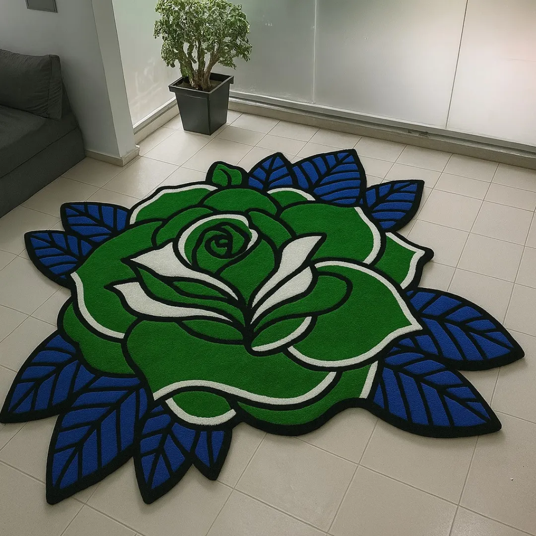 Sage Thorne Rug featuring a bold green and white rose design with deep blue leaves – hand-tufted floral rug by Sneagear
