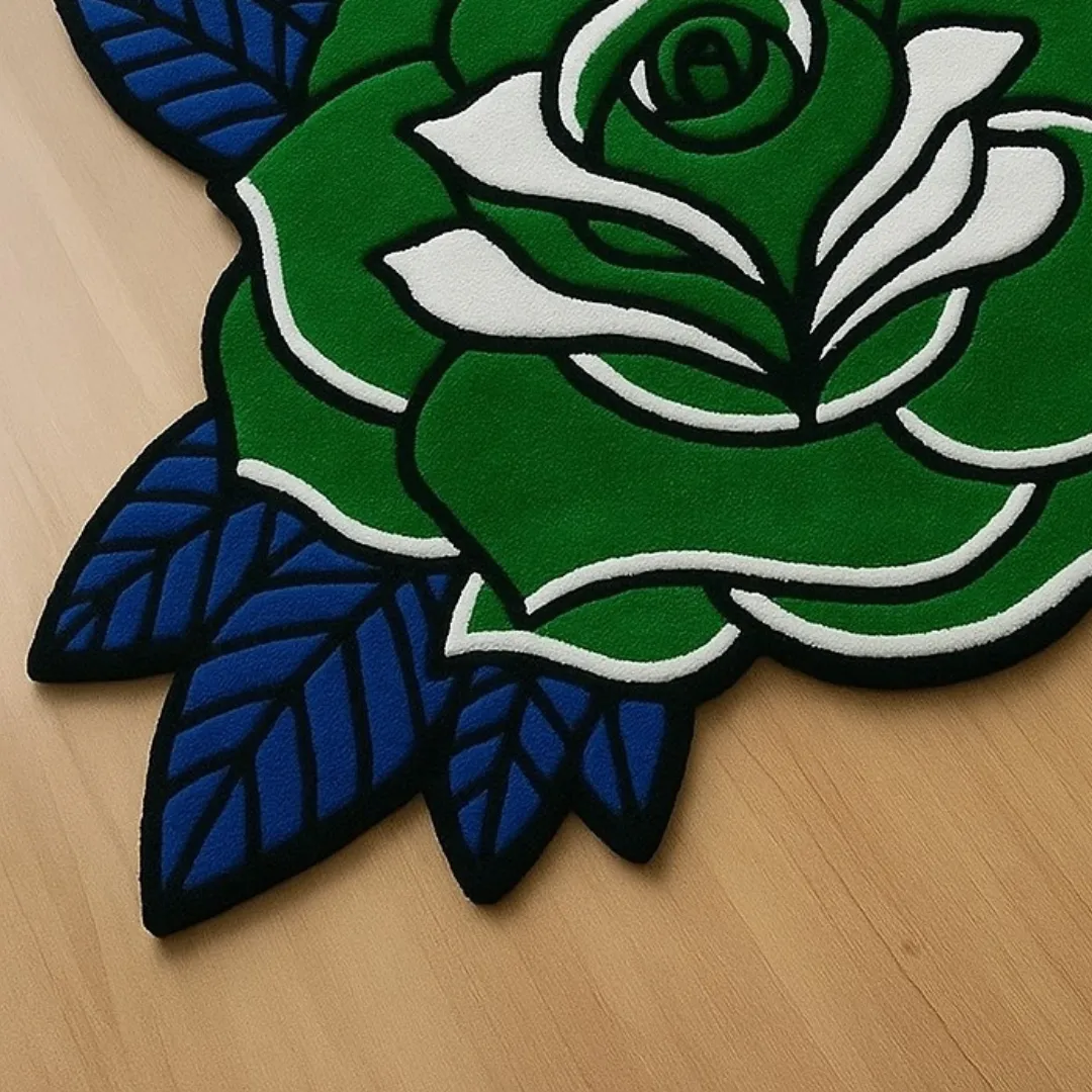 Floral-inspired Sage Thorne Rug – hand-tufted green rose rug with blue leaf accents