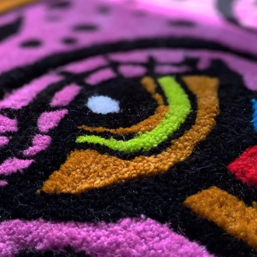 Vibrant art rug with pink devil mask and colorful tear design – Silent Bloom Tattoo Rug