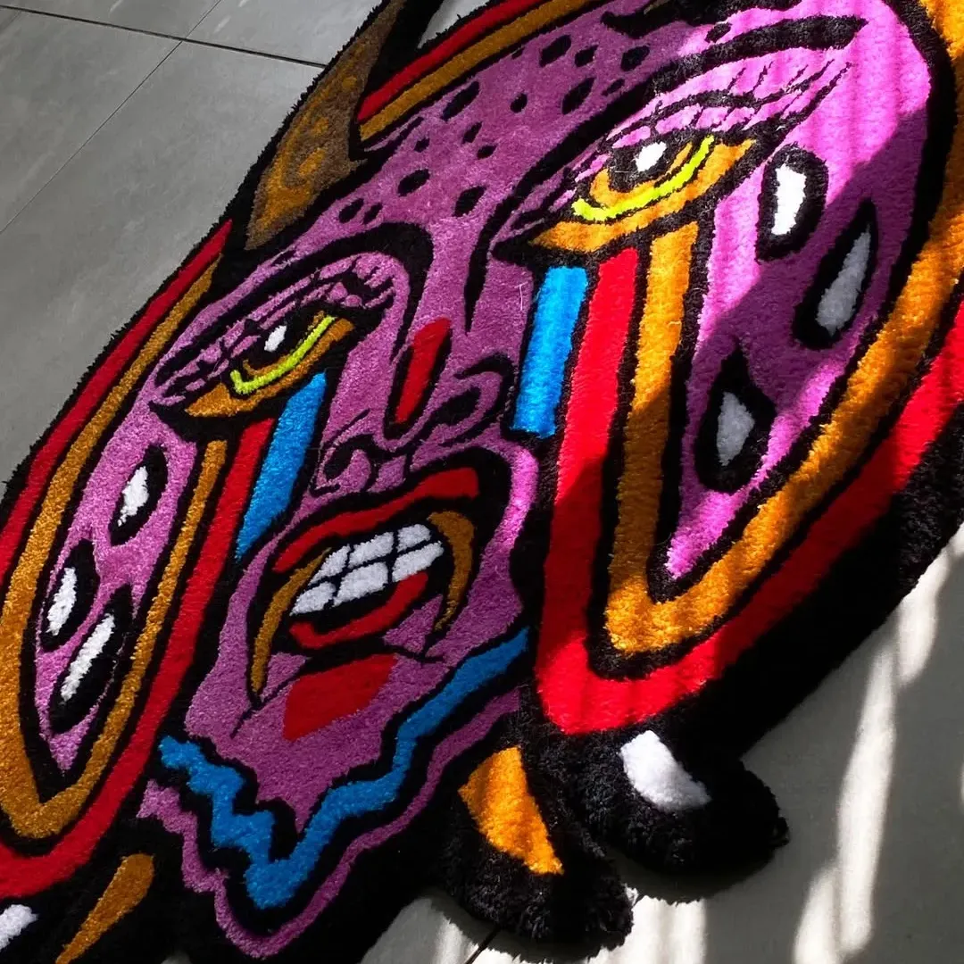Hand-tufted wool rug with abstract devil face artwork – Silent Bloom Rug by Sneagear