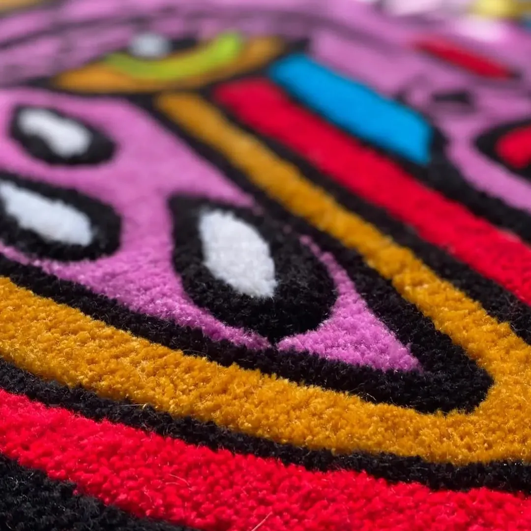 Modern tattoo art rug with colorful devil illustration – Silent Bloom Handmade Rug