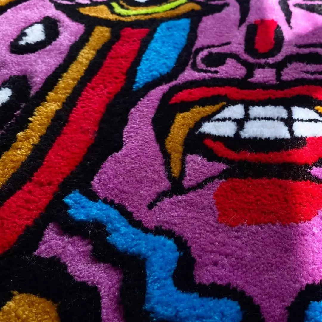 Tattoo-inspired rug featuring expressive devil face and vivid colors – Silent Bloom Rug