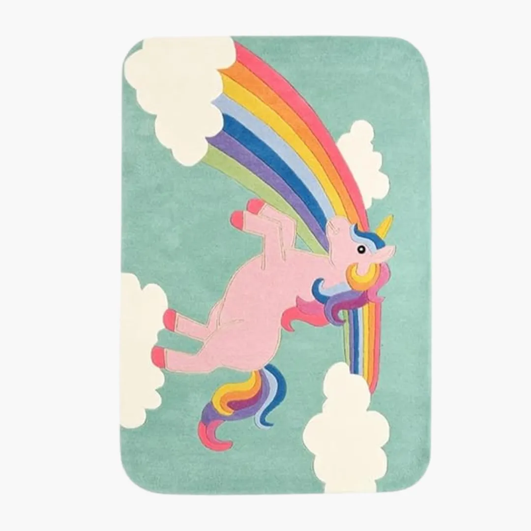 Skyfall Unicorn Rug featuring a pink unicorn and rainbow design – hand-tufted wool kids’ rug by Sneagear
