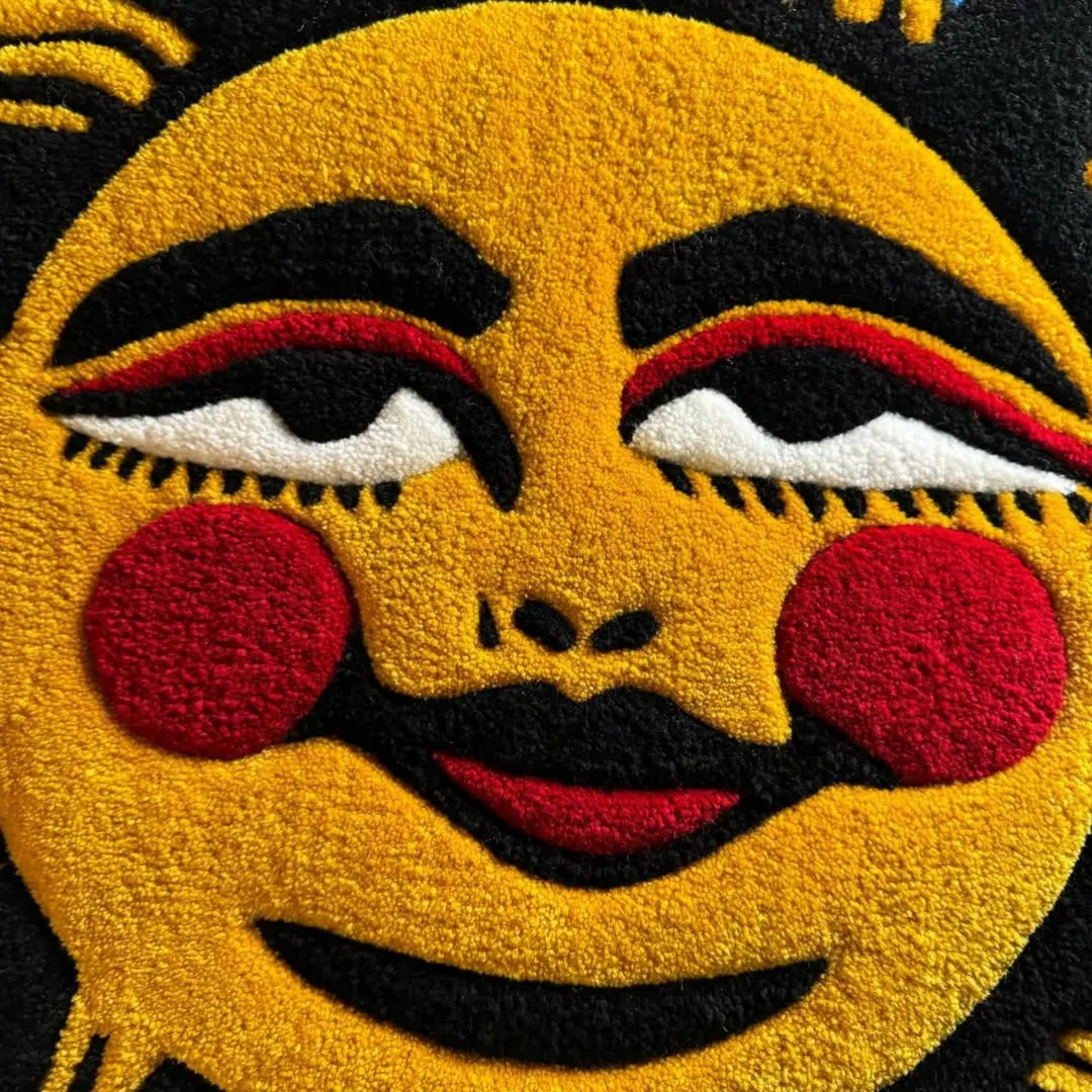 Sun face rug with vintage tattoo art design in bright yellow – Solar Smile Handmade Rug