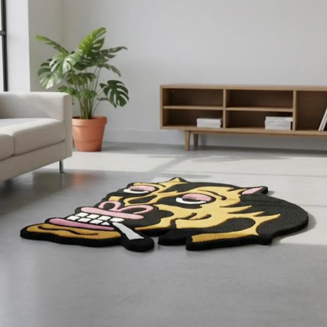 Tattoo-style rug with smoking character design in gold and black – Smoky Rebel Rug