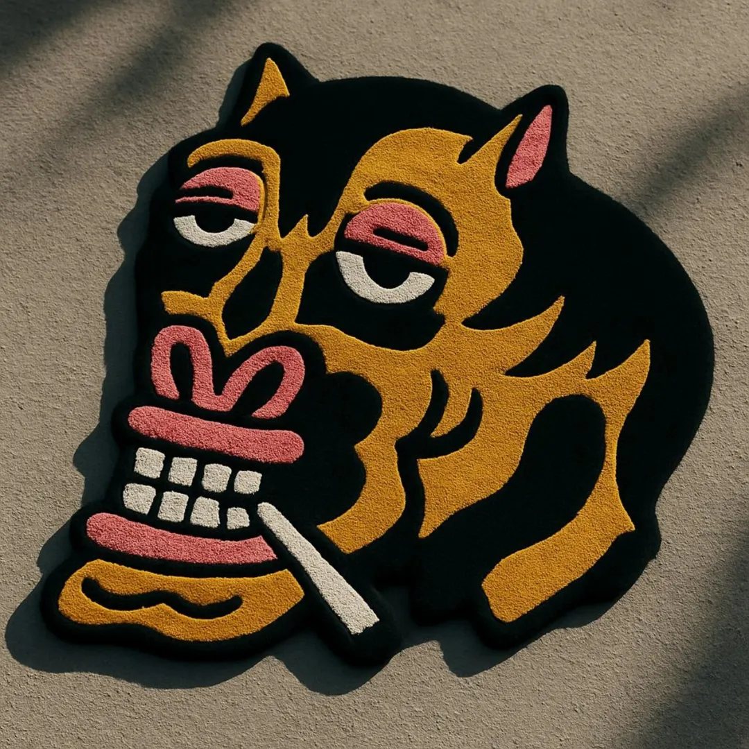 Smoky Rebel Rug featuring bold tattoo-inspired face design – handmade art rug by Sneagear