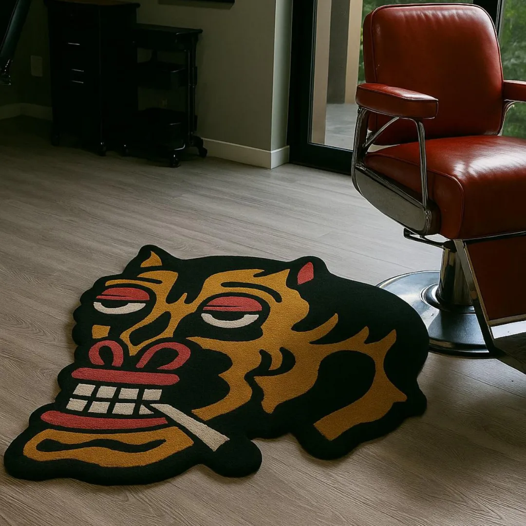 Hand-tufted wool rug showcasing rebellious tattoo art face – Smoky Rebel Rug by Sneagear