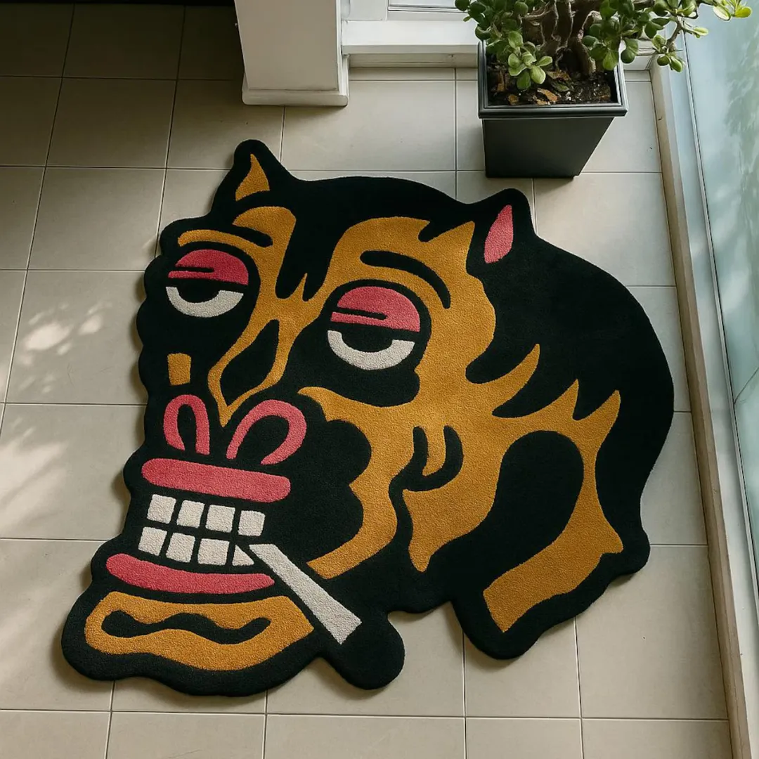 Tattoo-inspired decor rug featuring expressive character smoking design – Smoky Rebel Handmade Rug