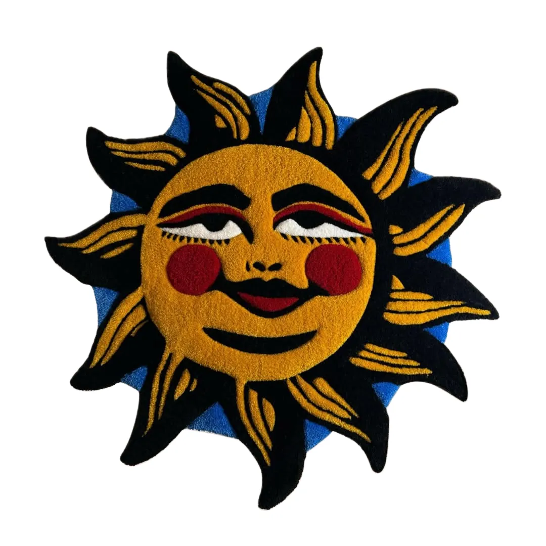 Solar Smile Rug featuring vibrant yellow sun face design – handmade tattoo art rug by Sneagear