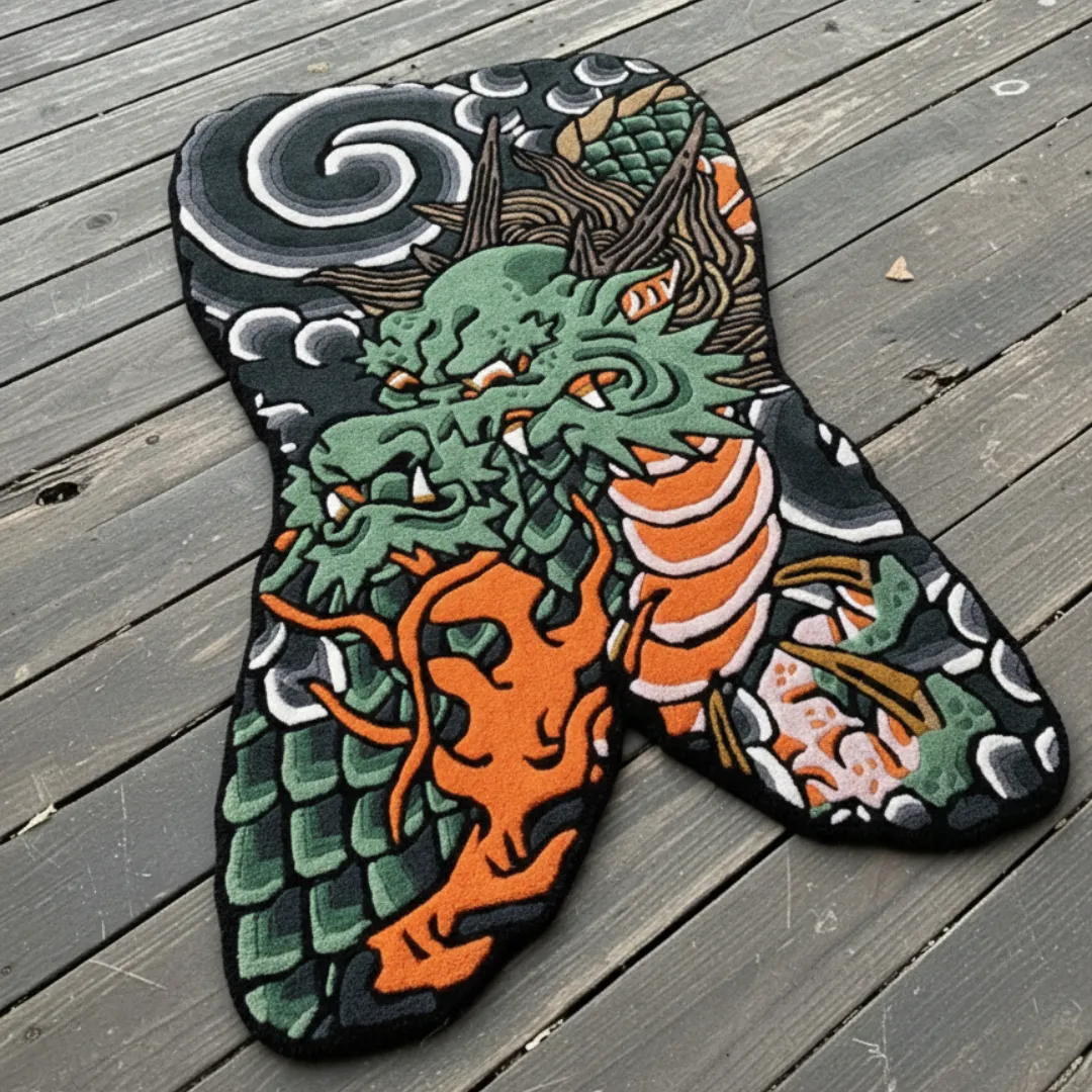 Stormfang Dragon Tattoo Rug Stormfang Dragon Rug featuring detailed dragon tattoo art in green and orange – hand-tufted wool rug by Sneagear