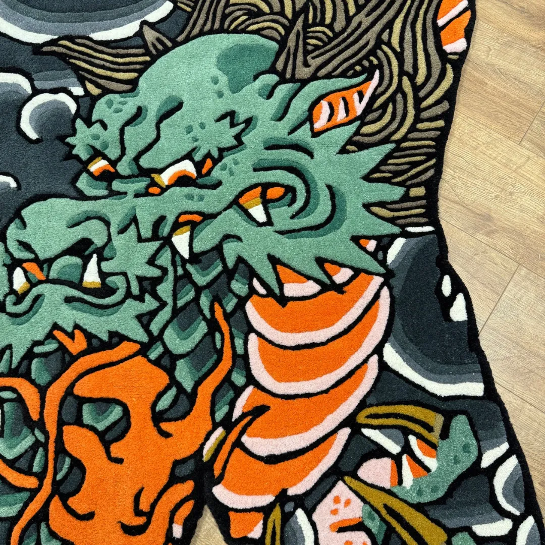 Stormfang Rug Handmade wool rug with intricate dragon design and vibrant flame accents – Stormfang Dragon Rug