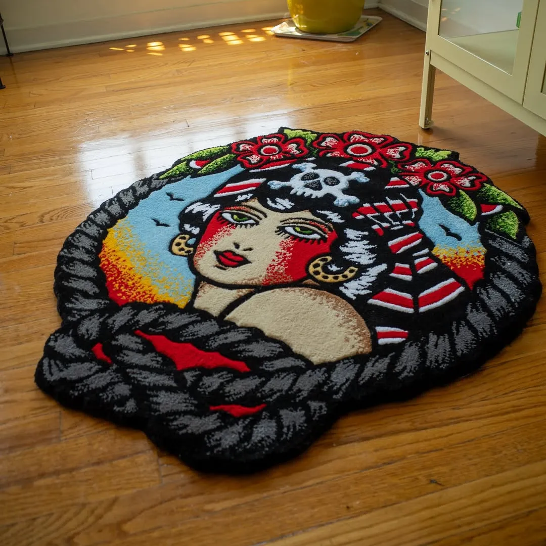 Colorful tattoo-style area rug with skull and rope design – Rebel Tide Handmade Rug