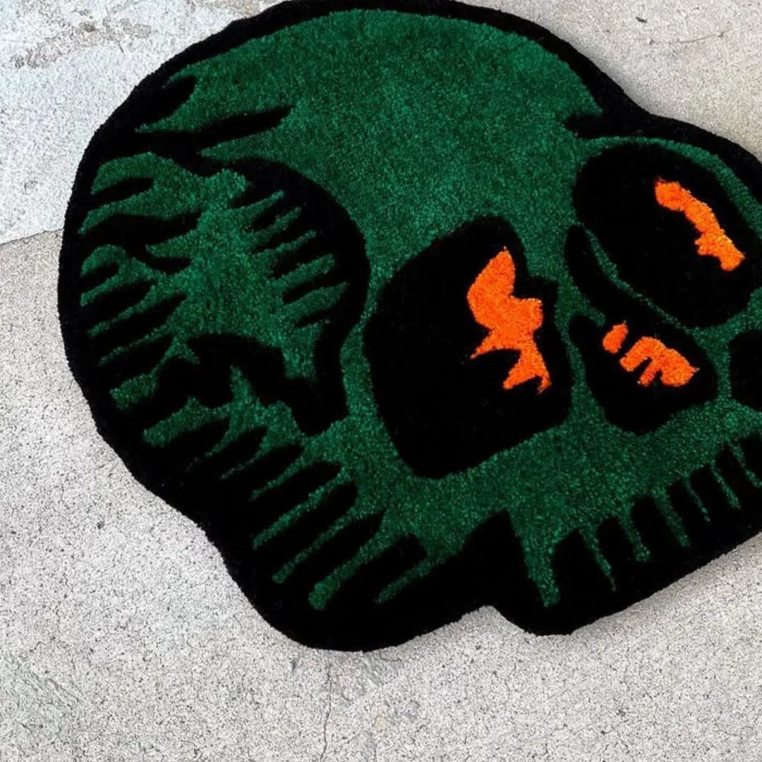 Hand-tufted wool rug showcasing gothic skull design in green and black – Verdant Skull Rug by Sneagear