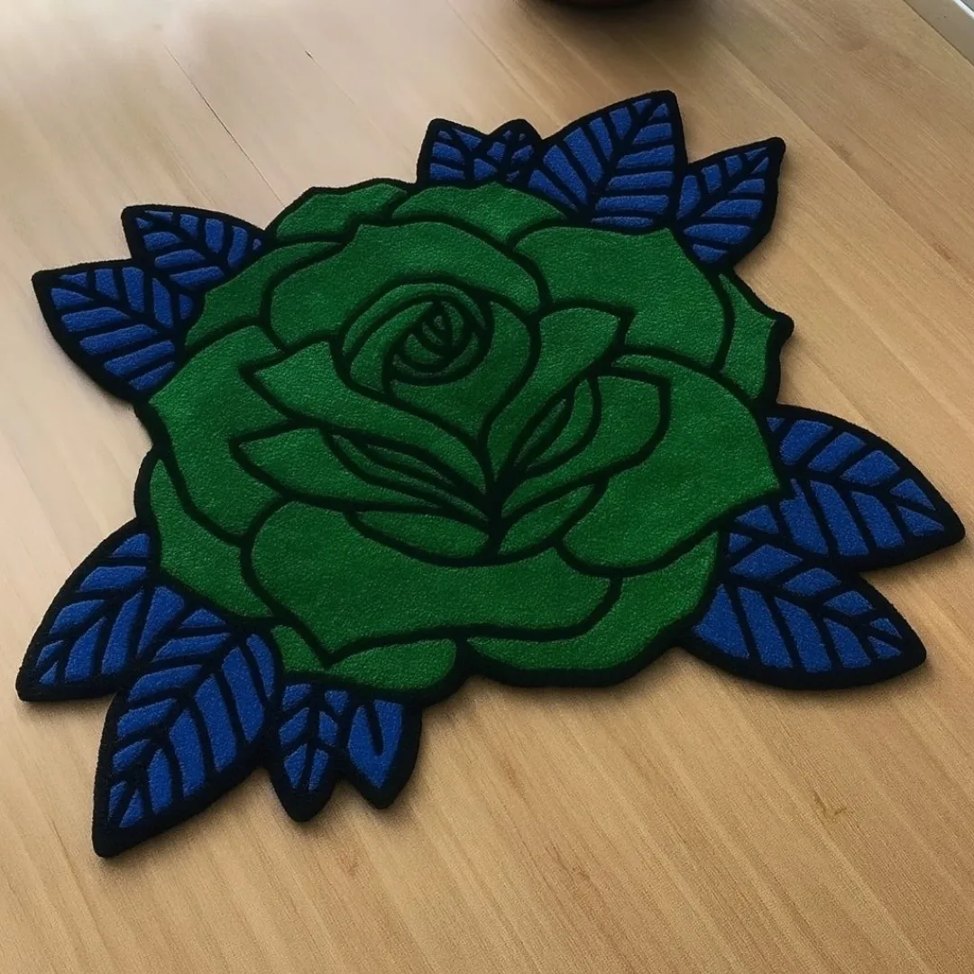 Handmade Verdant Thorne Rug with vibrant green rose petals and blue foliage – modern art rug