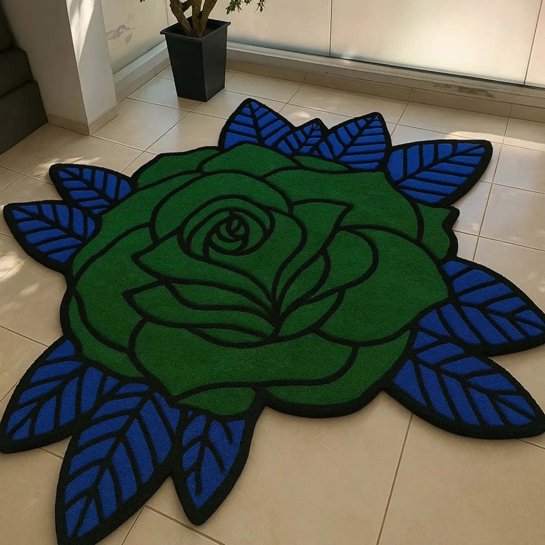 Verdant Thorne Rug featuring a bold green rose with deep blue leaves – hand-tufted floral rug by Sneagear