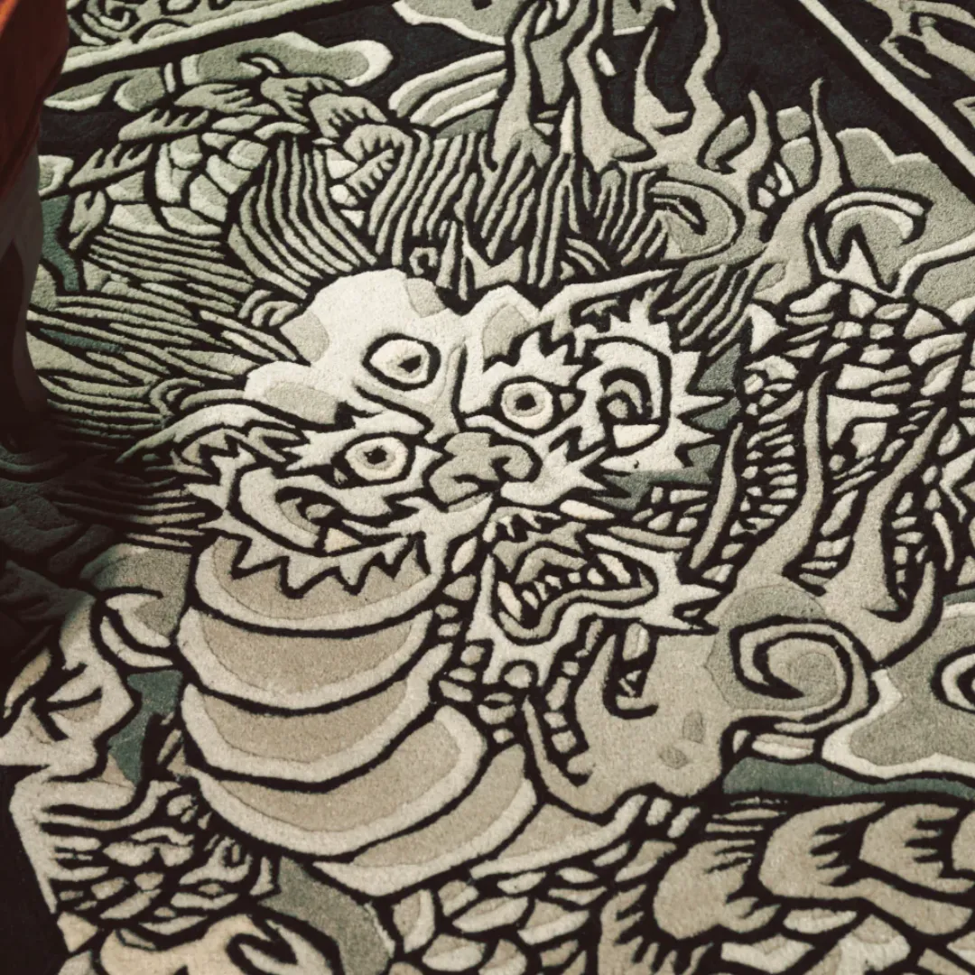 Bold dragon motif rug with flame and lotus border – Lunar Viper hand-tufted area rug