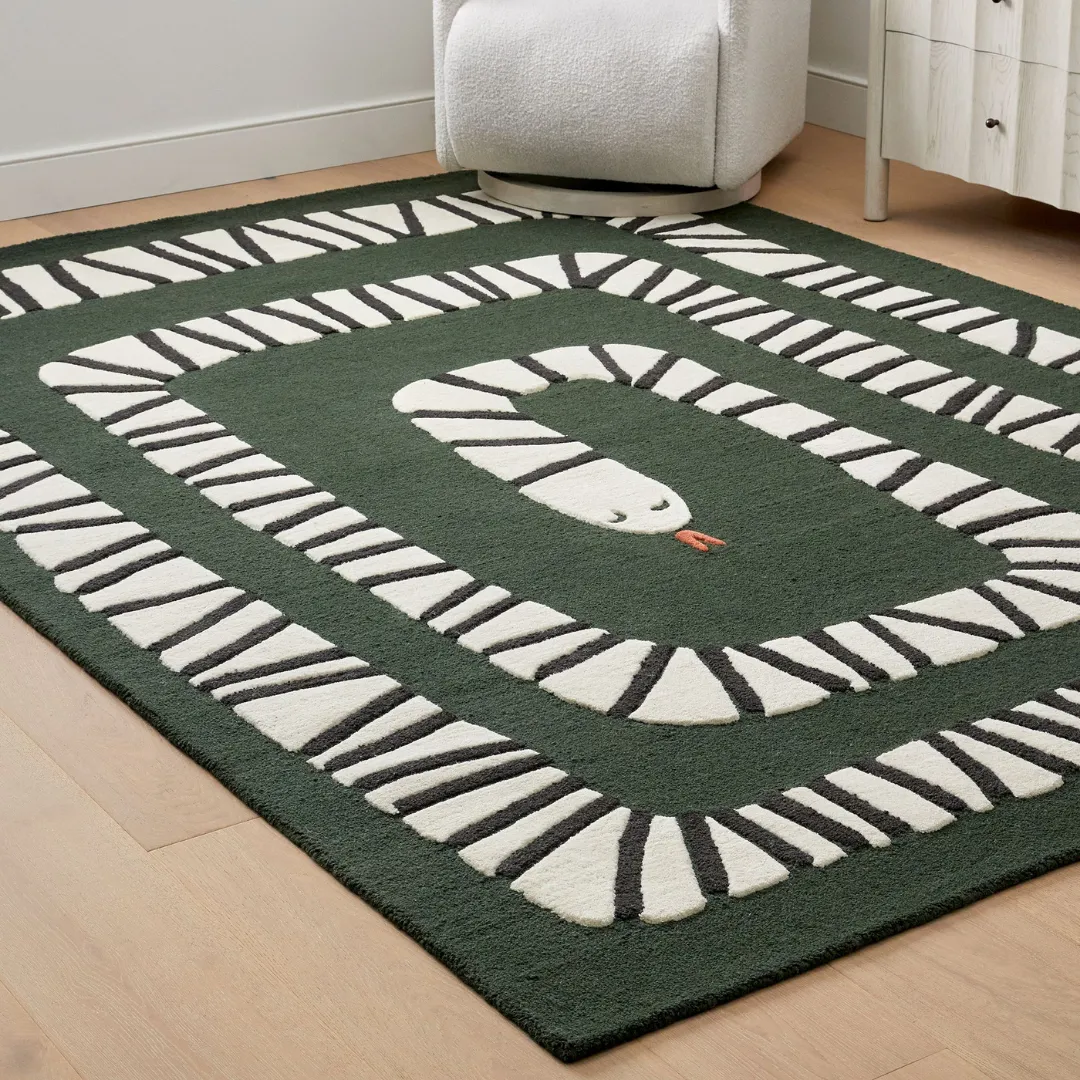 Handmade Ziggy Snake Path Rug with coiled snake pattern – modern artistic wool rug