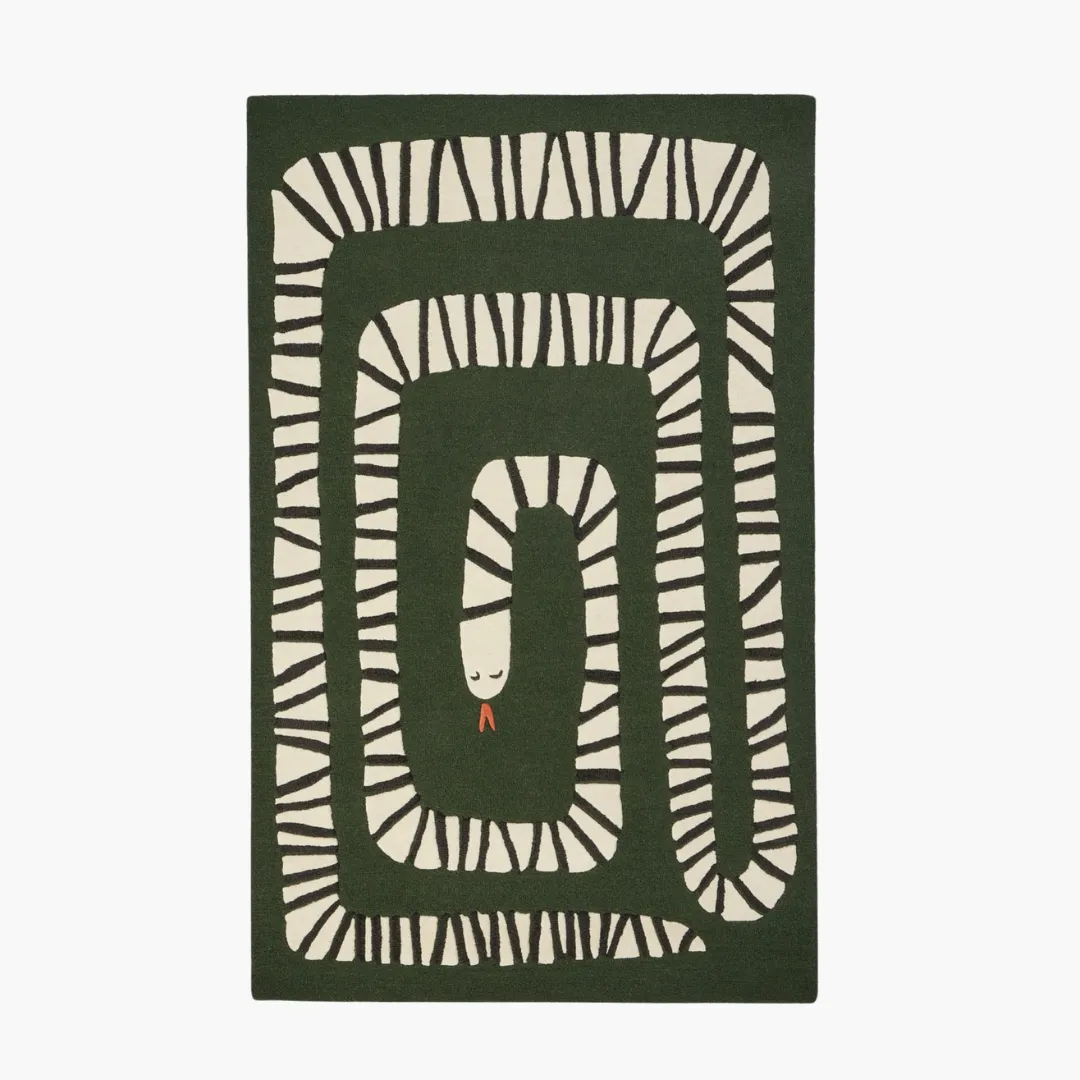 Ziggy Snake Path Rug featuring a playful white snake design on a dark green background – hand-tufted wool rug by Sneagear