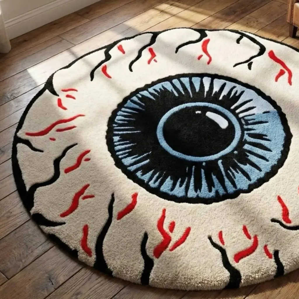 Blood Eye Rug Blue Iris And Red Veins Texture Close up texture shot of the Blood Eye hand tufted rug showing the detailed blue iris, black pupil, and red vein patterns.
