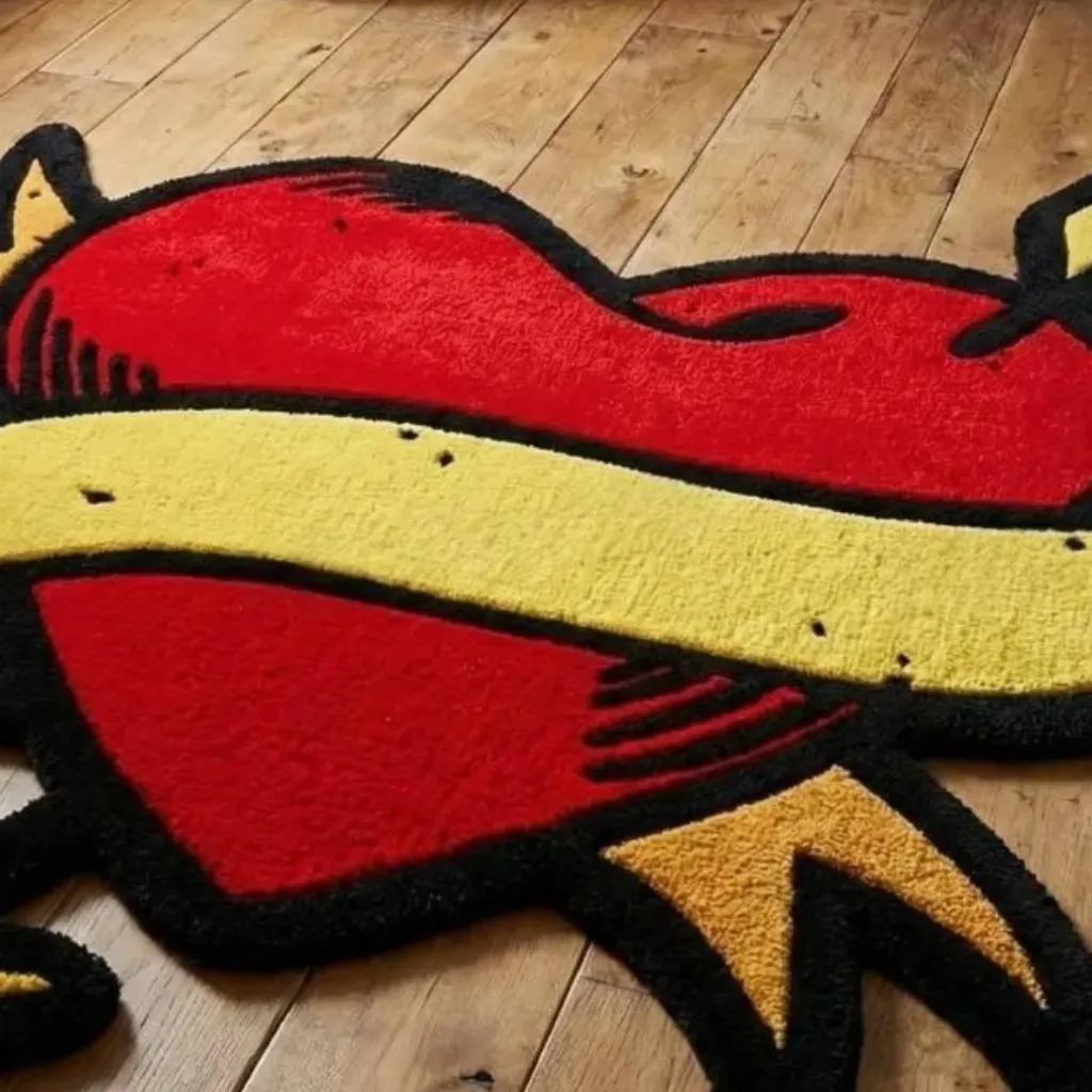 Detailed view of the custom shaped Wounded Heart rug highlighting the yellow banner and thick black tufted borders.