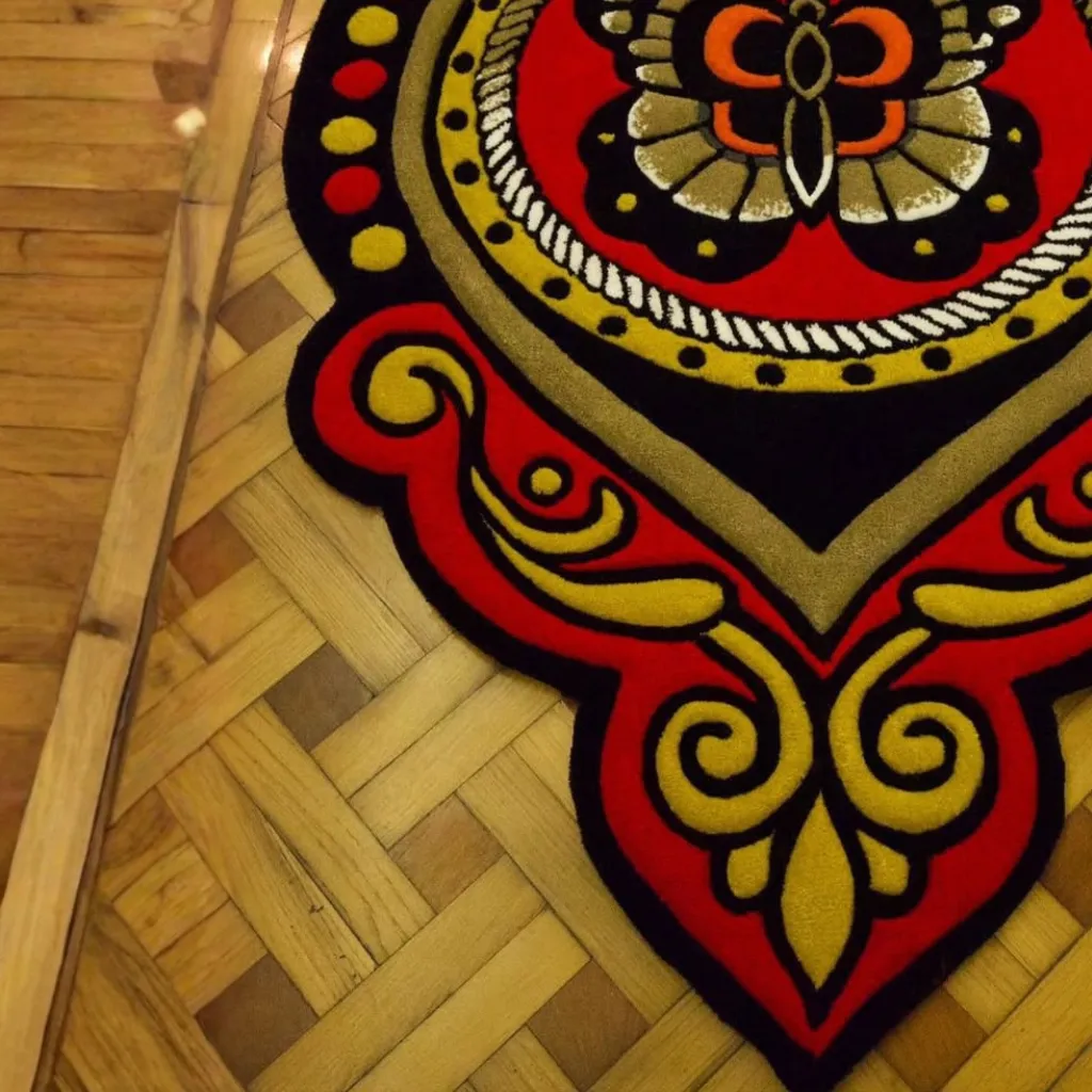 Angled close up shot of the Ember Mane rug highlighting the detailed tufting of the central moth motif and rope border.