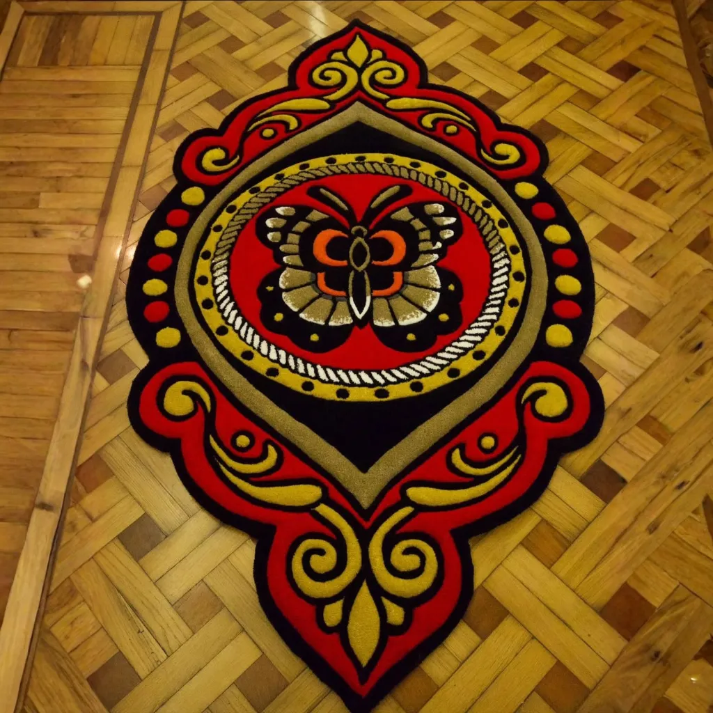 Top down view of the custom shaped Ember Mane rug featuring a traditional tattoo style butterfly design in vibrant red black and gold.