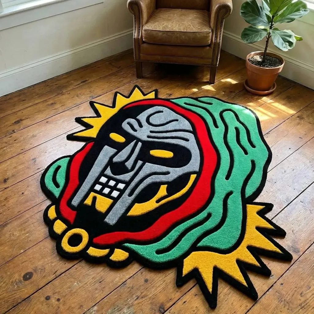 High angle view of the custom shaped Graffiti Deity rug featuring a vibrant mask design in green red and yellow on a wooden floor.