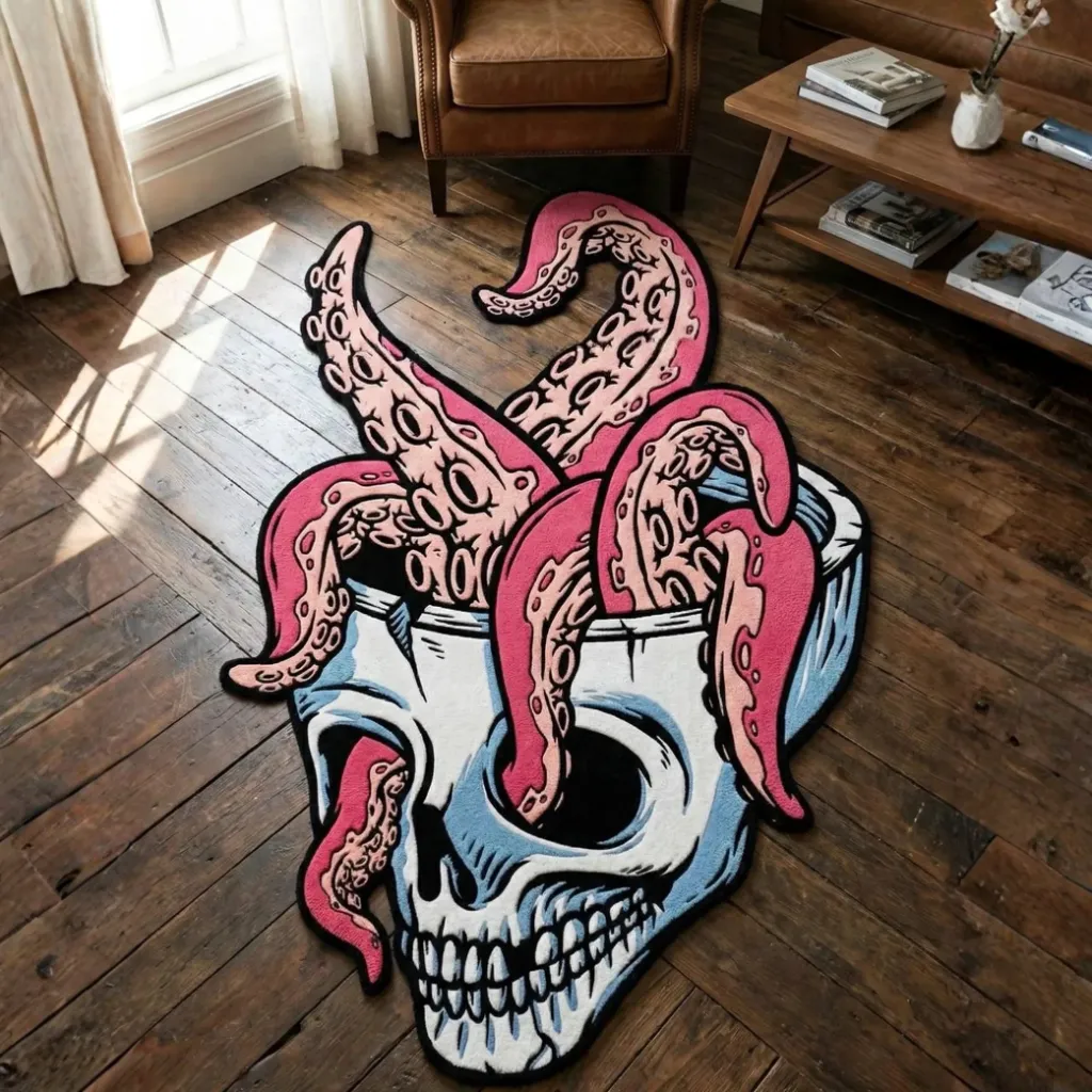 High angle view of the custom shaped Octo Skull rug featuring a white skull with pink octopus tentacles erupting from it, displayed on a wooden floor.