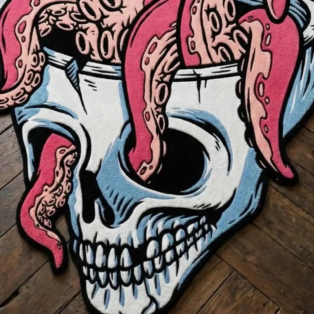 Close up texture shot of the Octo Skull rug showing the detailed tufting of the skull teeth and suction cups on the tentacles.