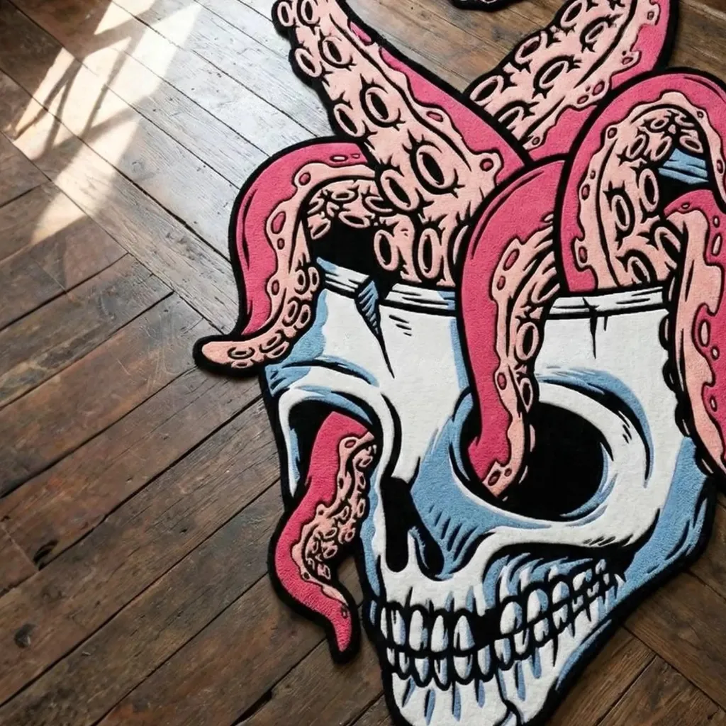 Angled view of the Octo Skull rug highlighting the unique die cut shape and vibrant pink and blue colors.