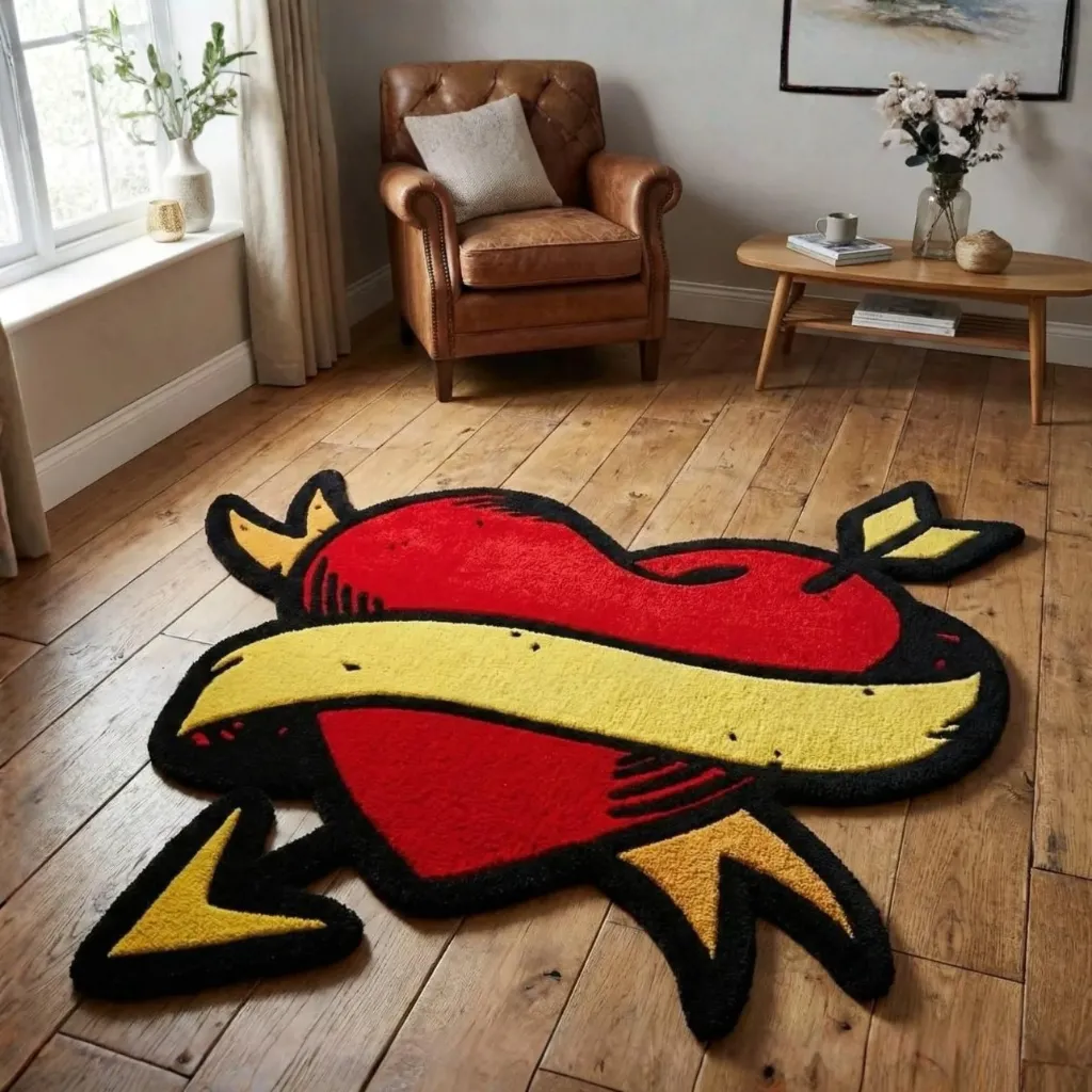 High angle view of the Wounded Heart rug featuring a classic tattoo design with a red heart, yellow banner, and arrow, displayed on a wooden floor.