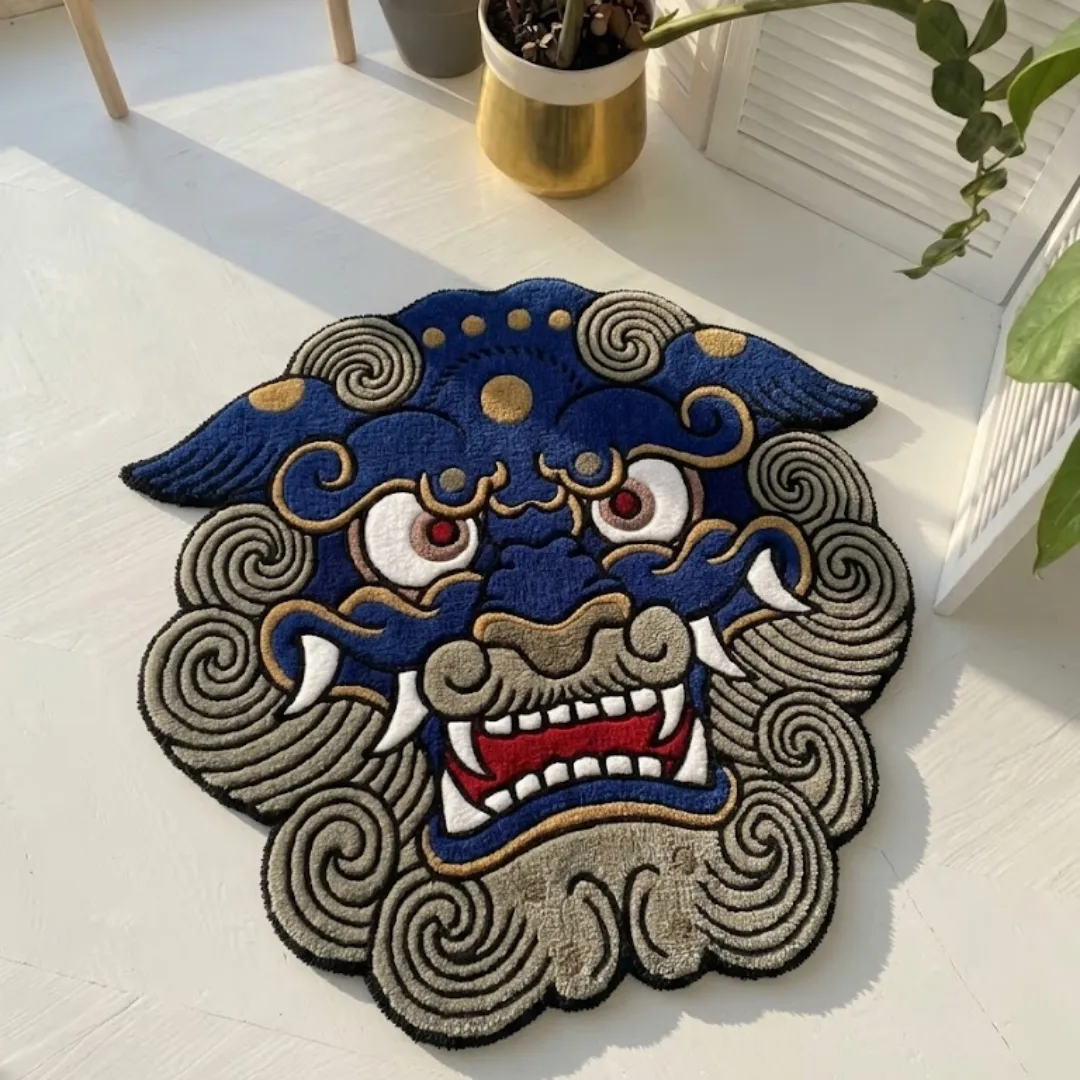 An angled top-down view of the Blue Foo Dog Japanese Rug resting on a bright white wooden floor bathed in natural sunlight. The hand-tufted rug is shaped like a traditional guardian lion head, featuring a vibrant blue face, a swirling grey mane, gold accents, and a fierce open-mouthed expression.