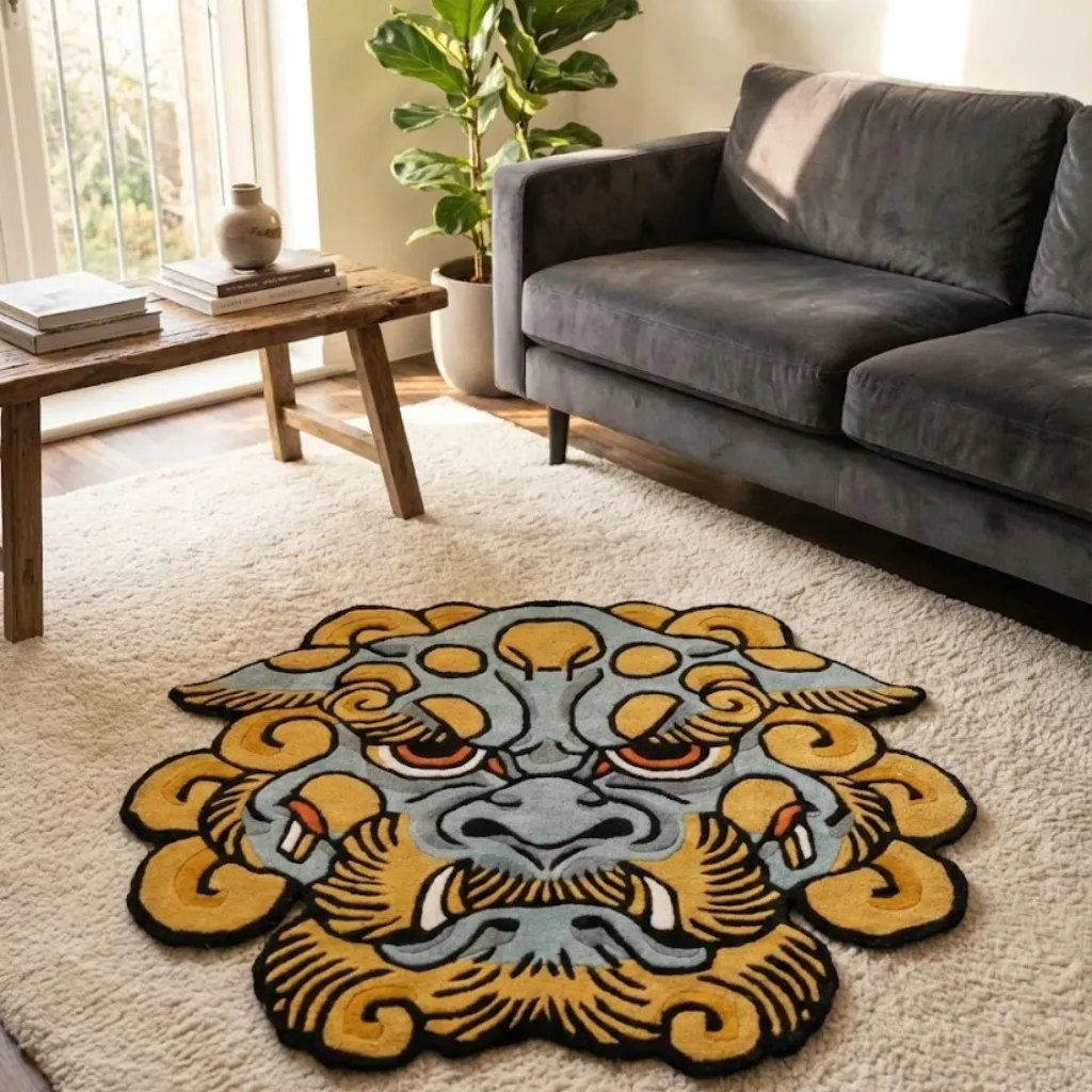 Blue Lion Dog Rug Living Room High angle shot of the hand tufted Blue Foo Dog rug styled in a living room with a green leather sofa, adding a bold oriental touch to the modern space.
