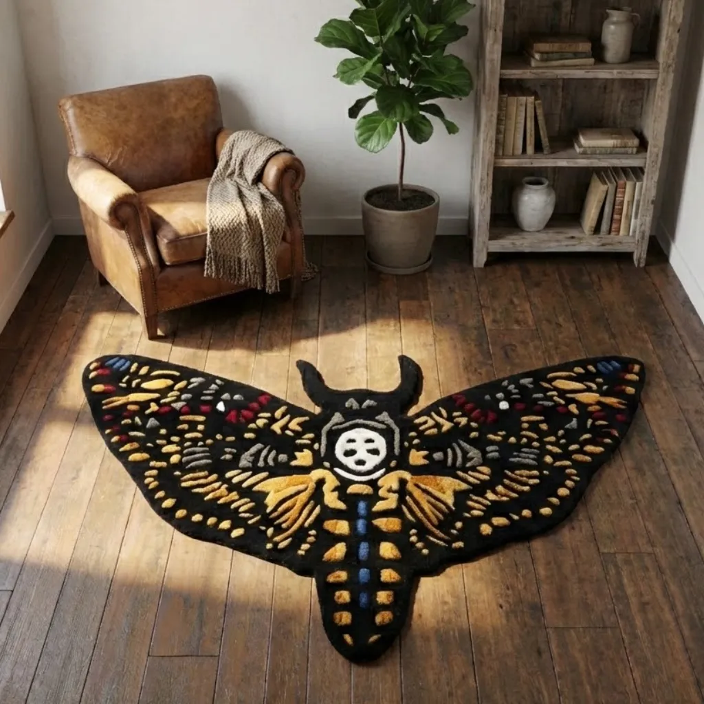 Angled view of the Death Head Hawkmoth rug in a vintage-inspired living room with a leather armchair, highlighting the dense hand-tufted texture and bold butterfly design.