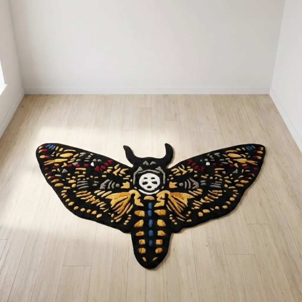 High angle view of the Death Head Hawkmoth rug placed on a light wood floor, featuring a custom die-cut moth shape with a signature skull motif and vibrant yellow and blue wings on a black background.