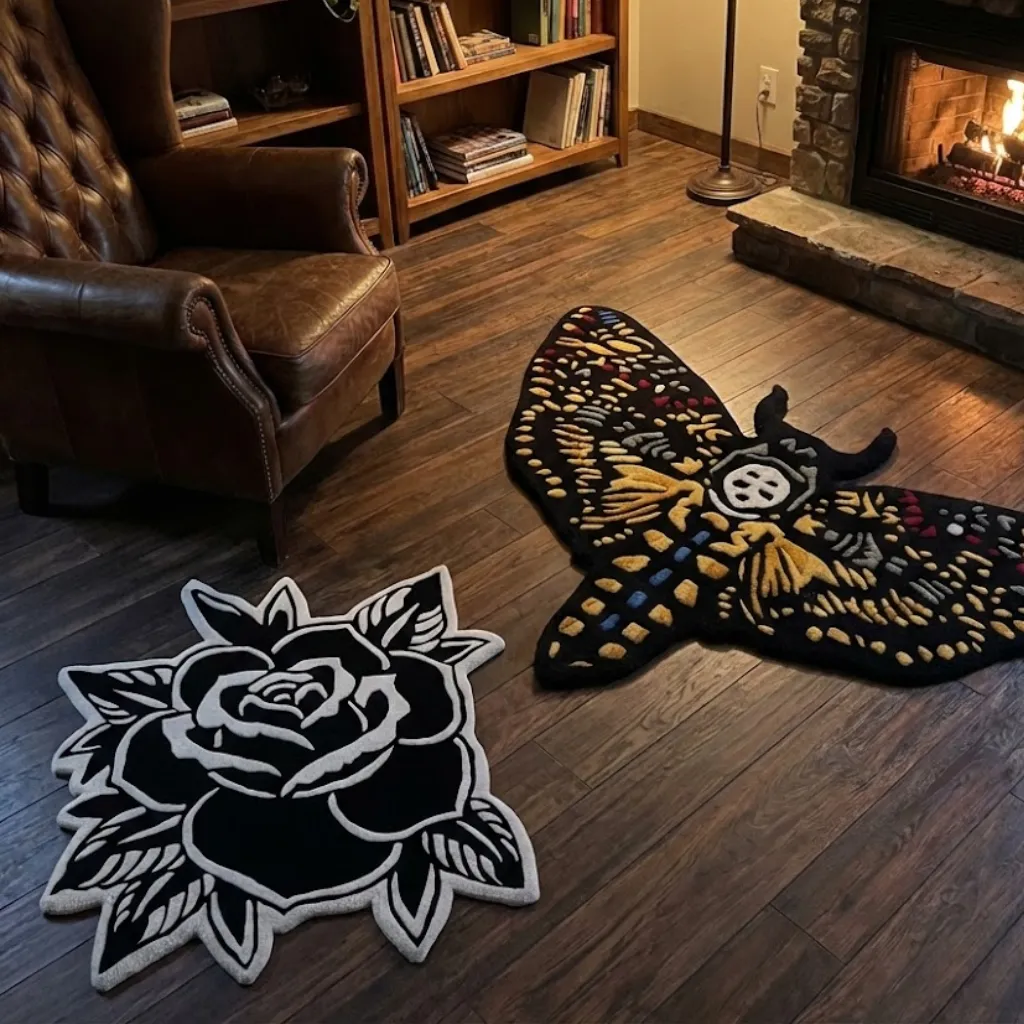 The Death Head Hawkmoth rug styled near a fireplace next to a black rose rug, showcasing its dark aesthetic appeal and intricate carpet carving details in a cozy setting.