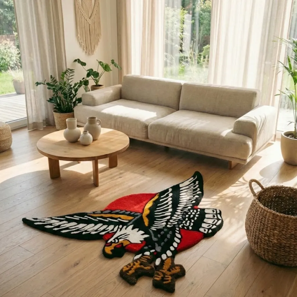 High angle view of the American Eagle shaped rug placed on a light wooden floor in a sunlit living room, adding a bold retro tattoo aesthetic to a modern space.