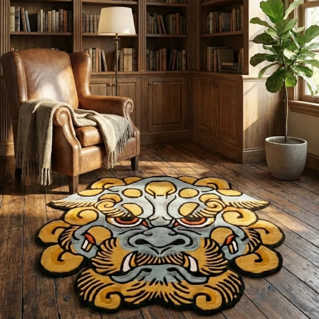 Modern Home Decor Oriental Rug The Blue Foo Dog rug placed in a sunlit room next to a vintage leather armchair and plants, demonstrating its versatility in eclectic interiors.