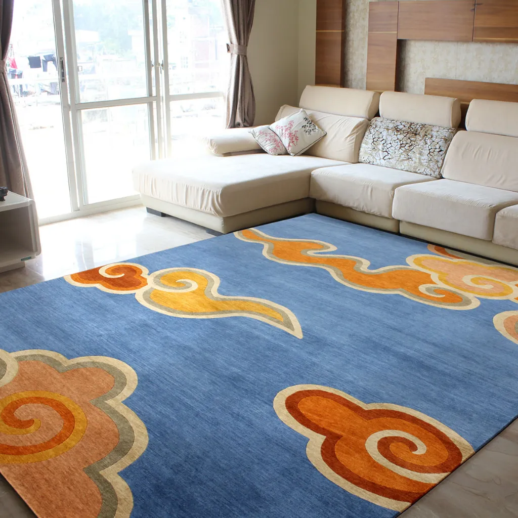 The Skybound Weave rug styled in a bright living room, adding a whimsical sky motif and warmth to the modern furniture and wooden floor.