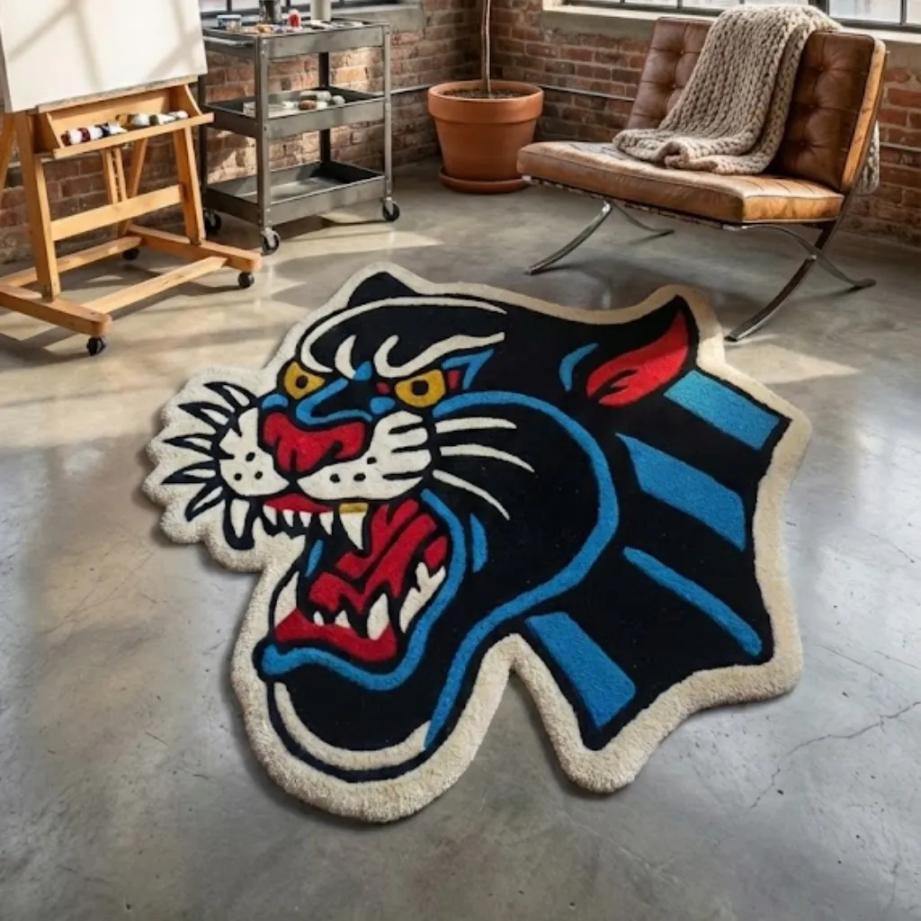 Eye level view of the Night Howler Inked Rug in an industrial loft setting, showcasing the vibrant blue and red accents of the fierce panther head illustration.